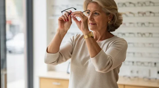 Cliente cinquantenaire choisissant des montures de lunettes chez un opticien à Cholet