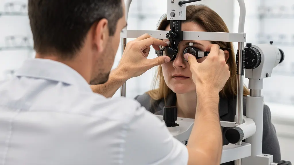 Opticien effectuant des mesures de centrage optique avec un appareil professionnel