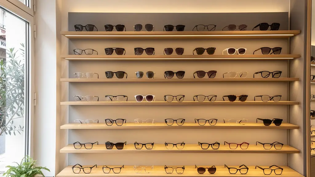 Présentoir de montures de lunettes dans une boutique d'optique française