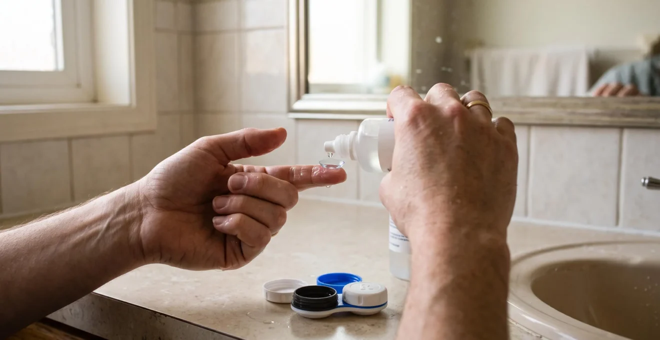 Des mains nettoient une lentille rigide au-dessus d'un étui dans une salle de bain.