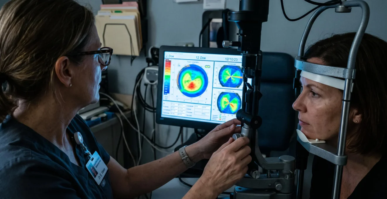 Un professionnel de santé examine la topographie cornéenne d'un patient sur un écran.