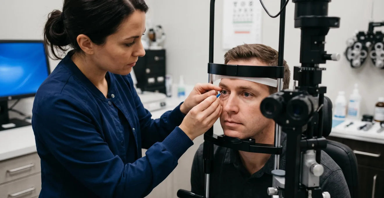 Un optométriste pose une lentille rigide sur l'œil d'un patient en consultation.